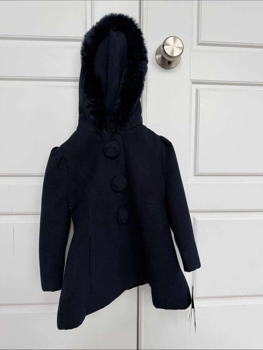 Rothschild - Girls' Black Hooded Wool Coat with Faux Fur Trim